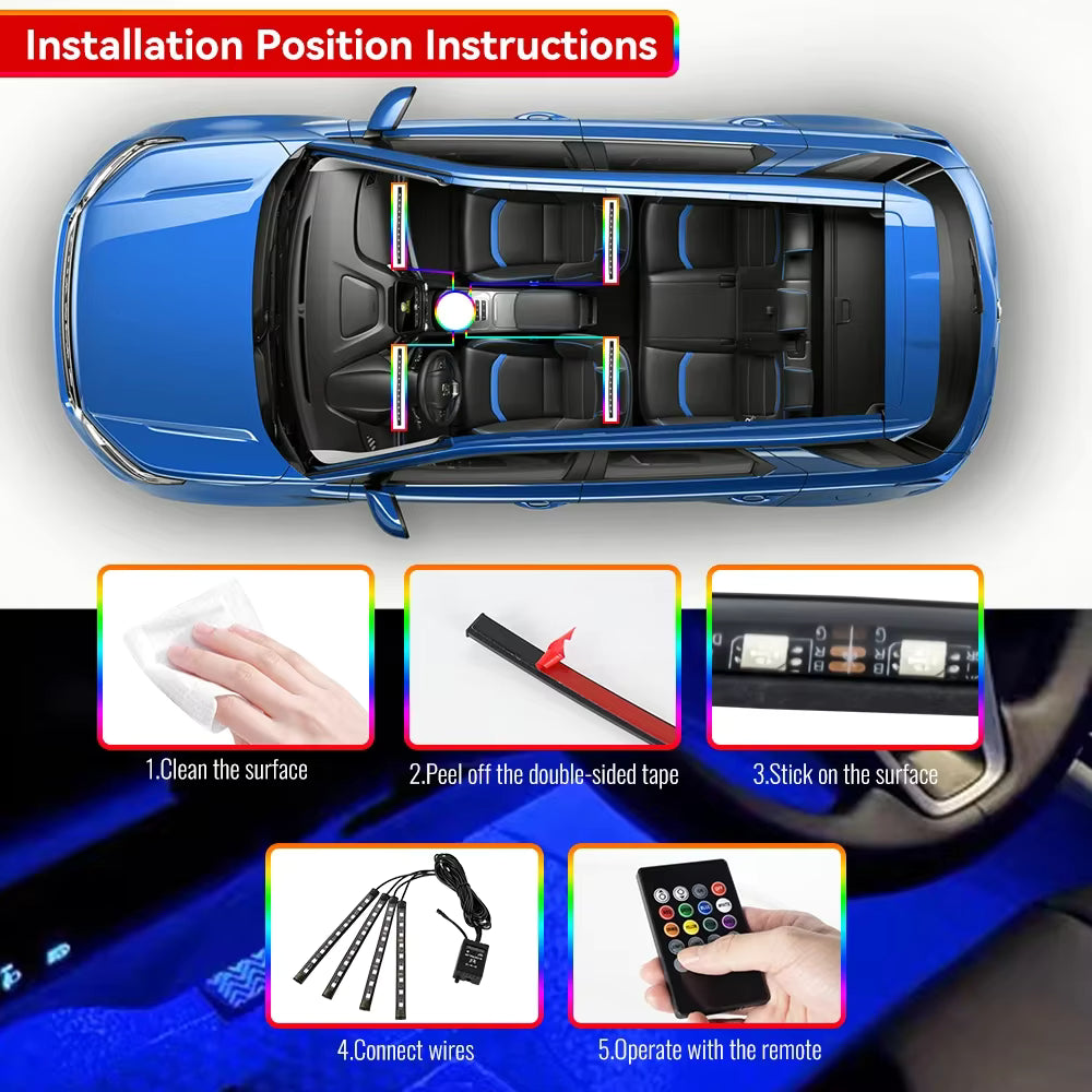 RGB Car Interior Ambient Light Strip – Music &amp; Remote Control
