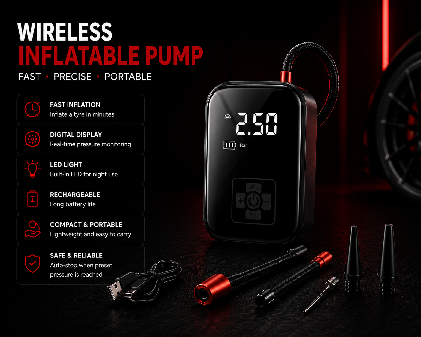 Portable Car Air Pump – 150 PSI Tire Inflator with LED Light